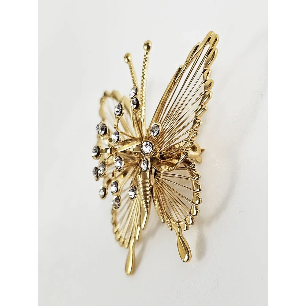 Vintage Monet Butterfly Brooch Pin Gold Tone Clear Rhinestones Open Wire